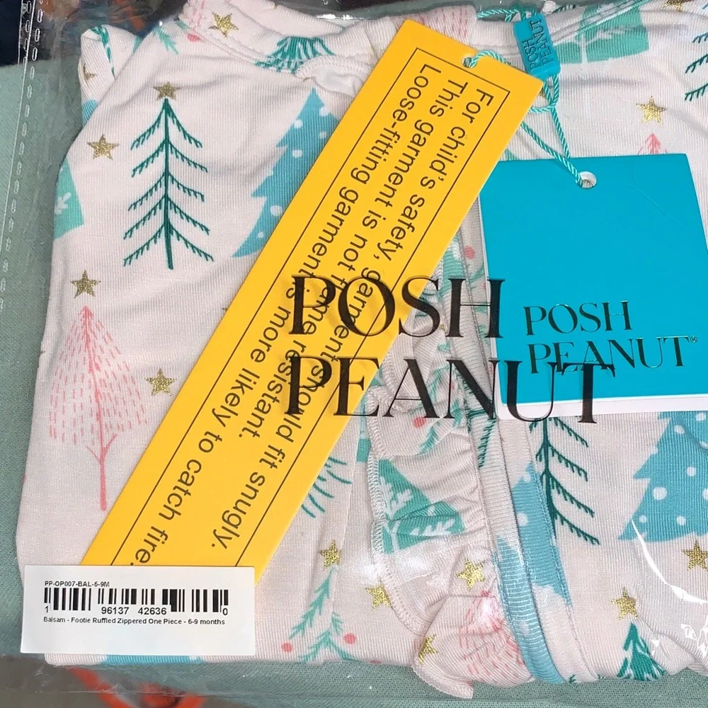 NWT Posh Peanut Balsam Ruffled Footie 6-9M Trees Pink & Blue Holiday